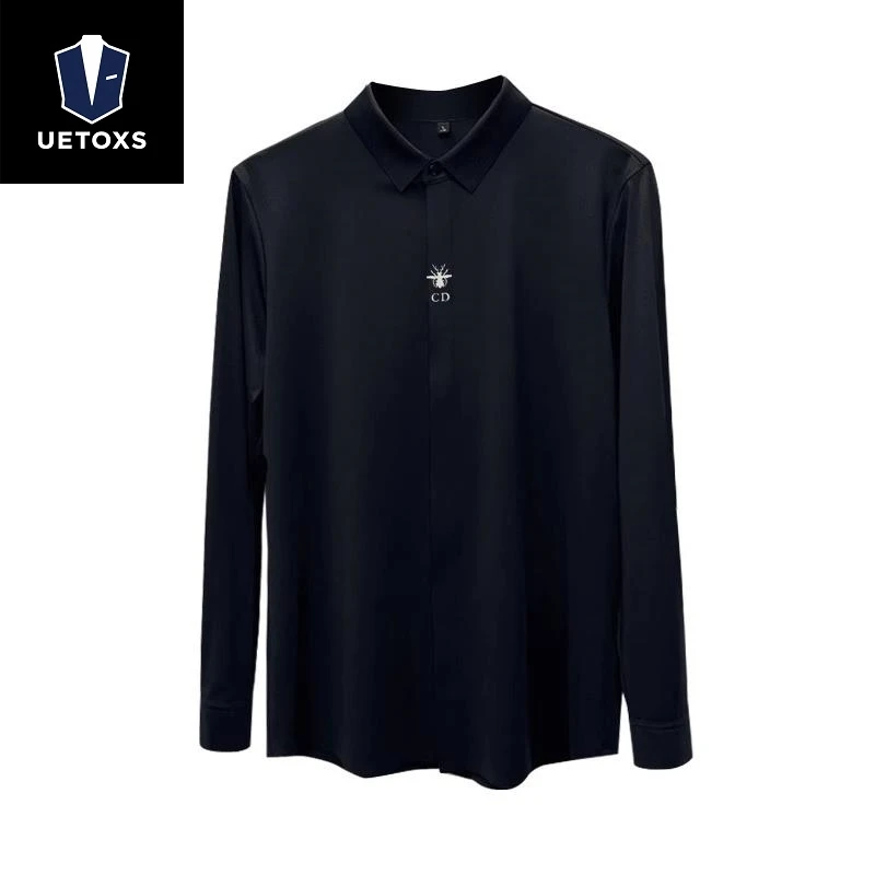 秋季新款修身爆款轻奢休闲衬衣男士高端百搭弹力黑色长袖衬衫男款