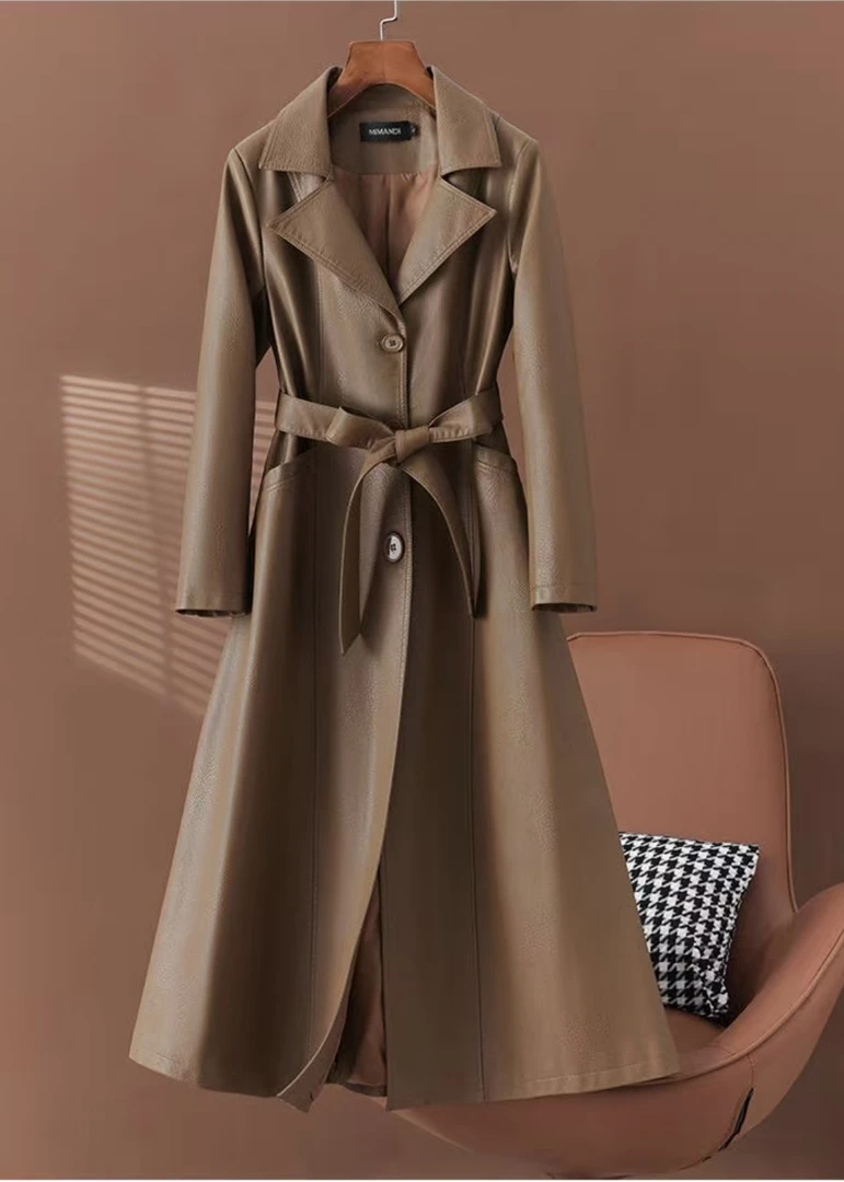 【女士长款皮衣】春秋新款时尚气质西服领韩版修身过膝长款皮衣外套