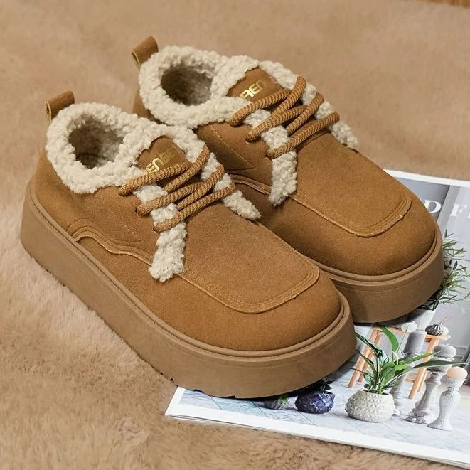 勃肯鞋女款加绒冬季系带爆款百搭轻便防滑小香风保暖棉鞋女