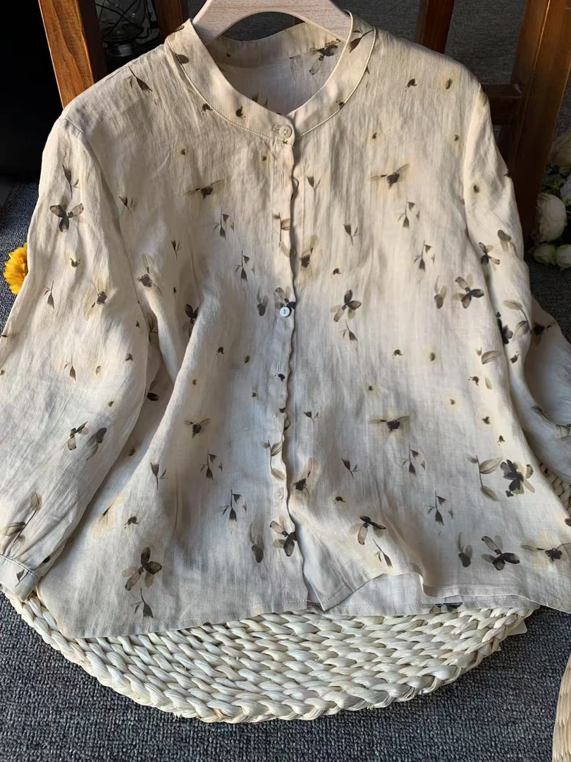 WH-293夏季新款100汉麻立领印花上衣防晒轻薄文艺休闲长袖外套