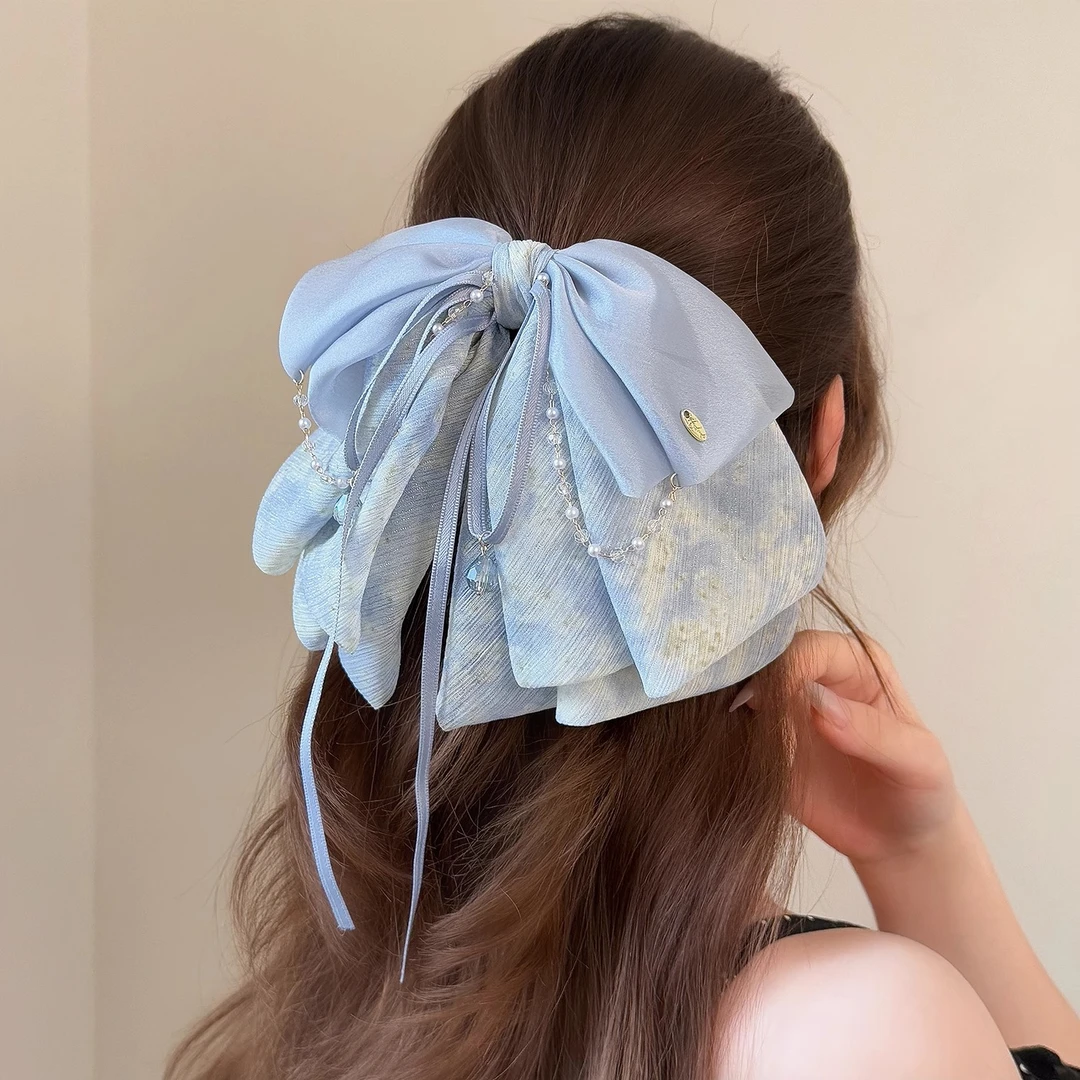 仙女风多层网纱蝴蝶结马尾夹2025高级感甜美发夹金标水晶后脑抓夹