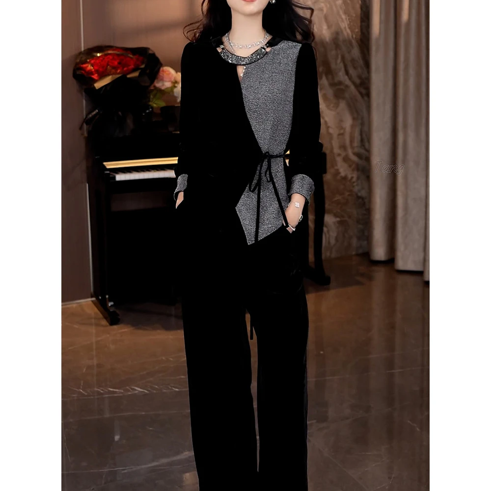 时尚洋气裤套装2025秋季新款韩系名媛撞色拼接长袖上衣+显瘦裤子