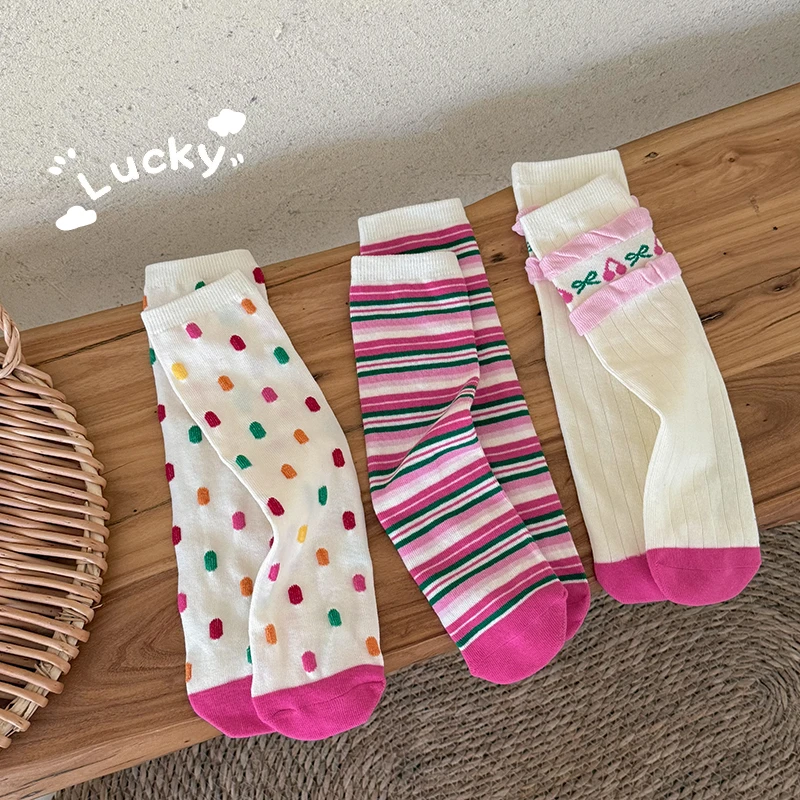 SKG2526女大童韩版彩虹波点小腿袜秋季新款条纹打底长筒袜袜子