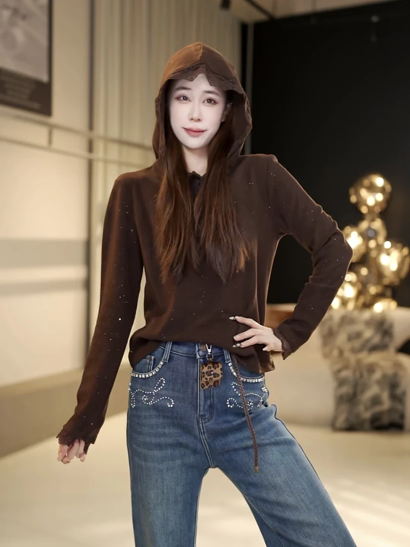 2025冬新款法式小众显瘦百搭纯色长袖德绒T恤连帽细闪拼接蕾丝