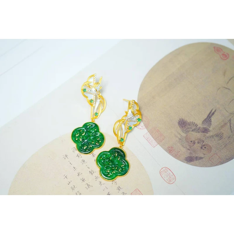 甘澜文创 925银镀金镶嵌翡翠四叶草竹叶小鸟耳饰E2931
