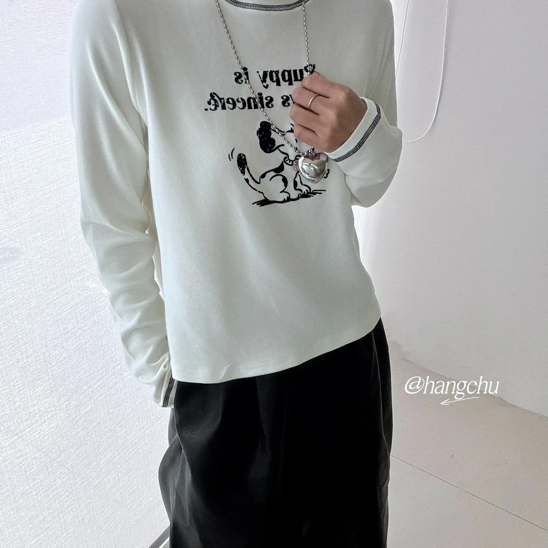 【蛋娘专属】秋季新款时尚圆领百搭小狗植绒五线长袖T恤女长袖T恤