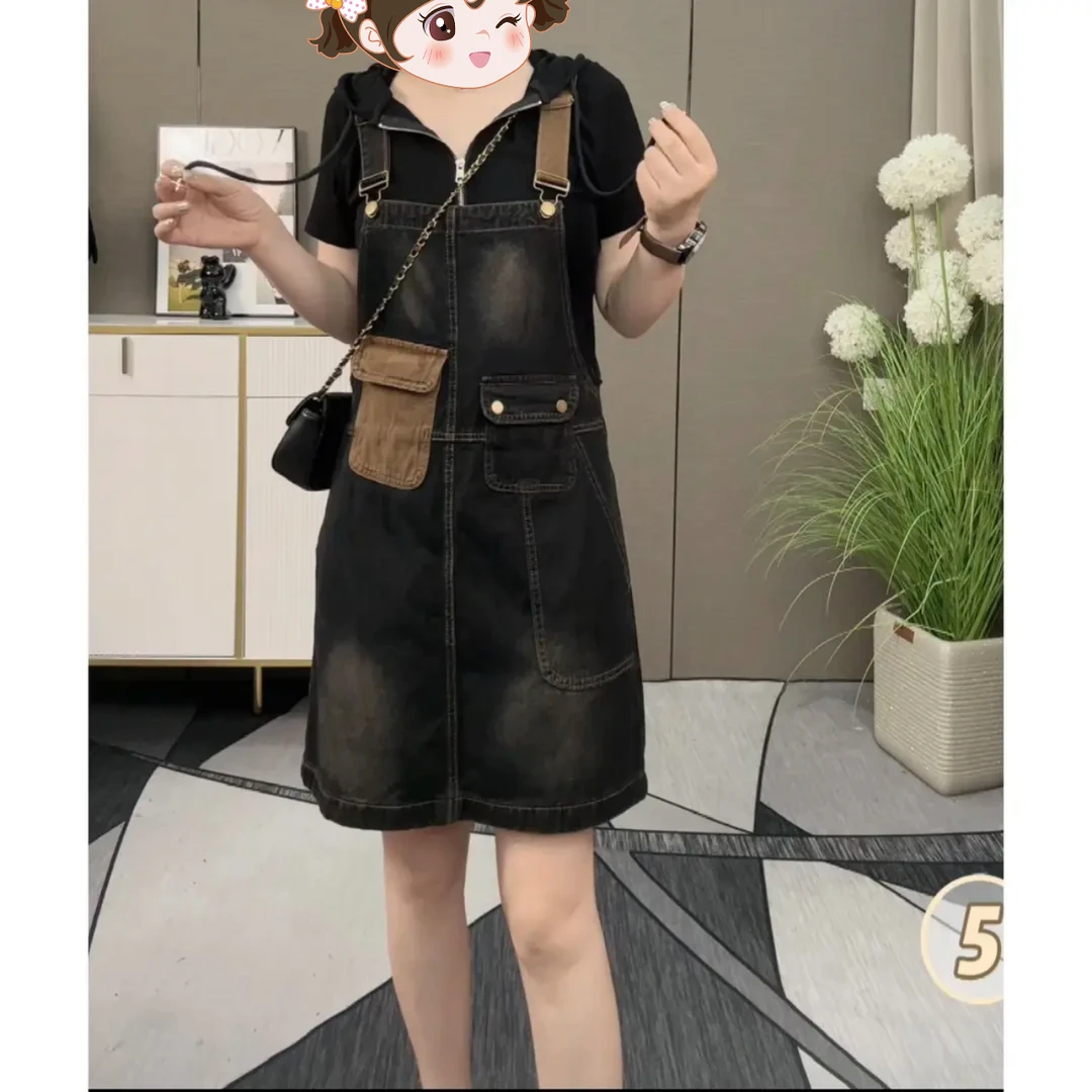 【软牛仔】2025年夏季新款撞色牛仔背带裙女小个子宽松显瘦百搭减龄