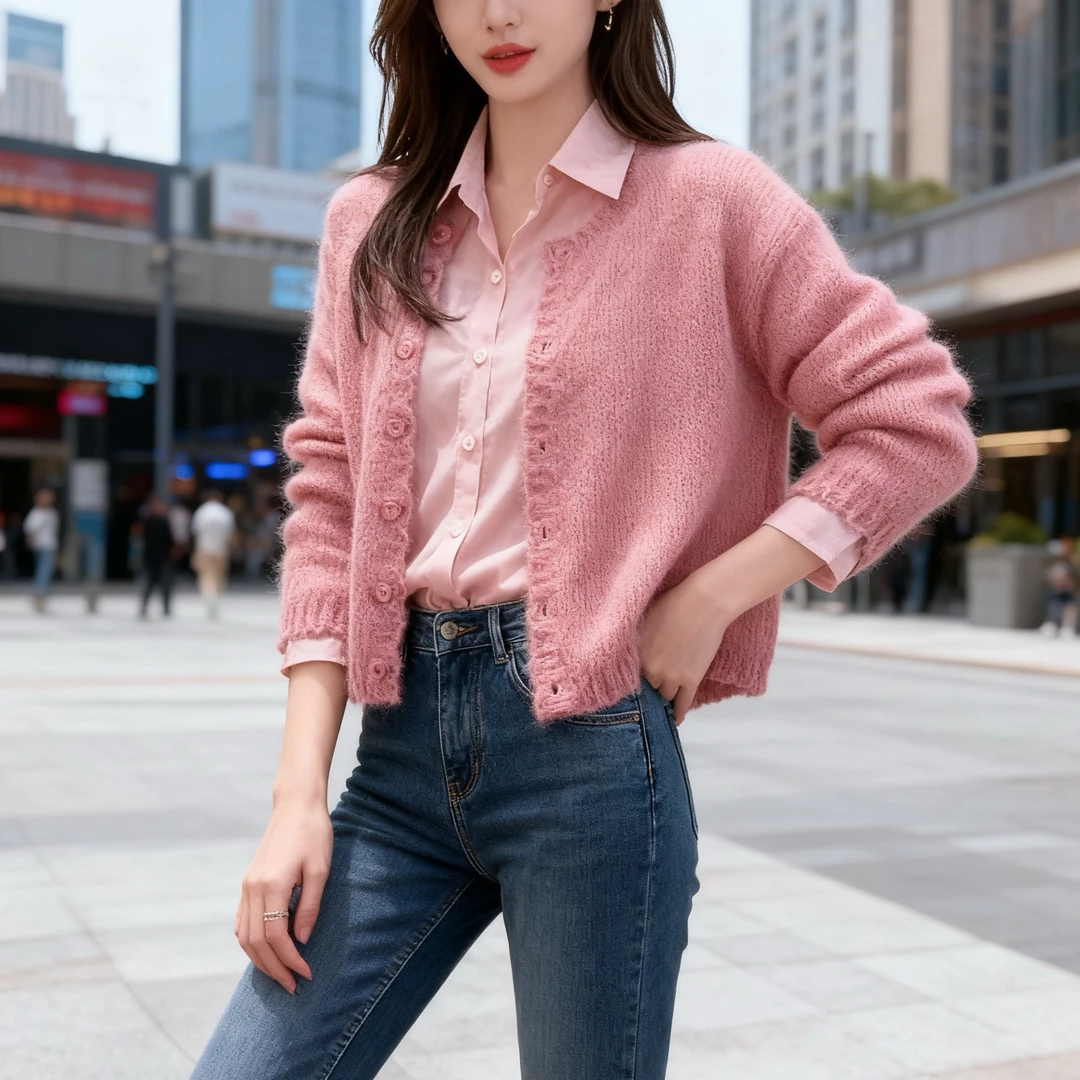 慵懒温柔粉色软糯圆领针织开衫女2025新款秋冬减龄显白长袖毛衣