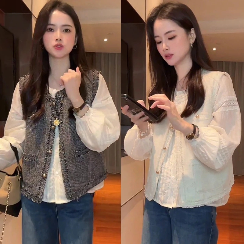 设计感灯笼袖蕾丝花边长袖衬衫女2025春秋新款衬衣高级感小衫上衣