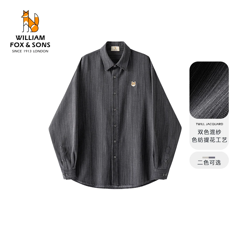 英国小狐狸秋款高密斜纹提花混纱色纺狐狸刺绣微宽松长袖衬衫外套