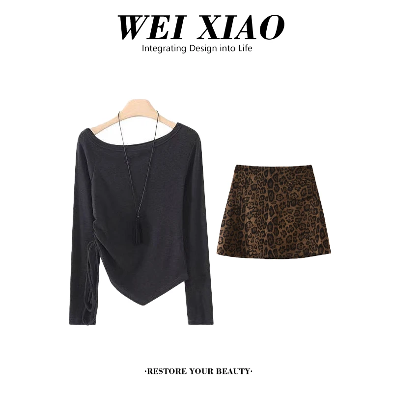 2025春秋新款韩系穿搭斜肩不规则抽绳上衣设计感豹纹半身裙两件套