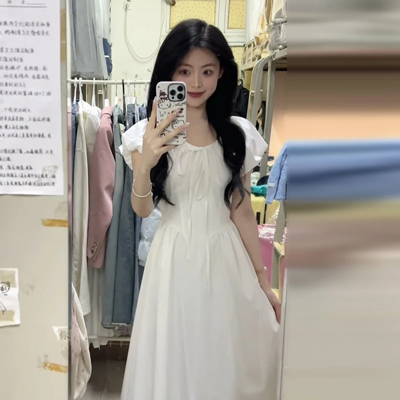 初恋小白裙法式泡泡袖连衣裙子女夏季2025新款小个子高级感长裙子