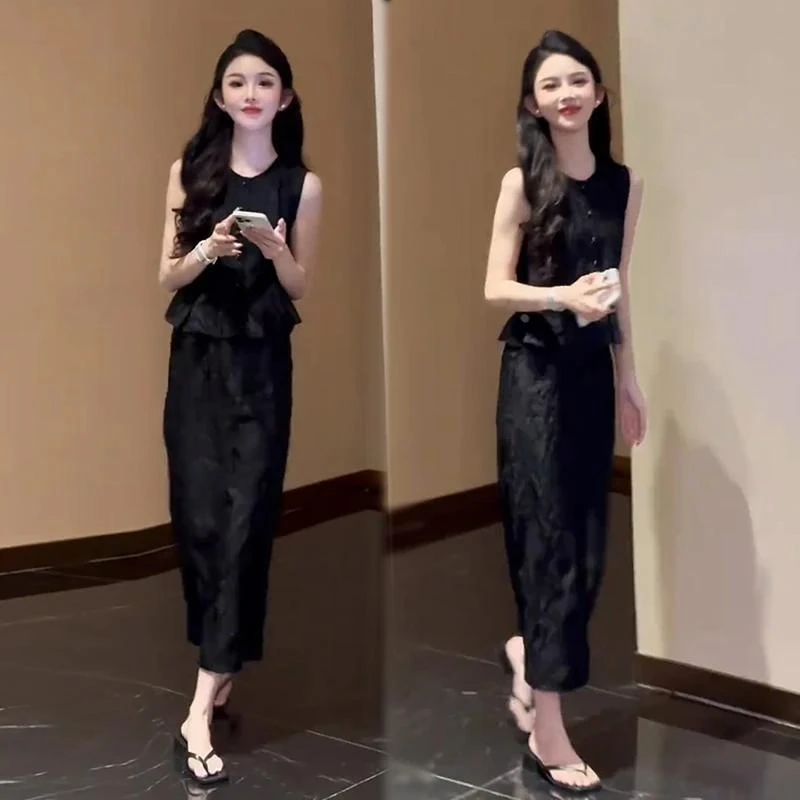 法式复古时尚套装女2025夏季新款无袖背心上衣 半身裙显瘦两件套