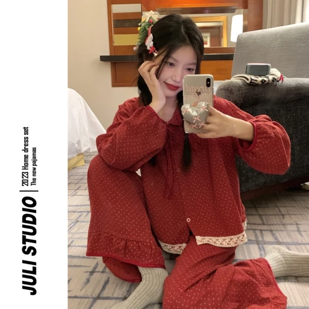 JULI<富家千金> 复古红色碎花花边娃娃领棉纱家居服睡衣套装
