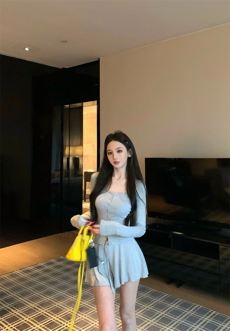 复古高腰U领长袖修身打底气质性感开衫上衣半身套装8226#休闲短裤