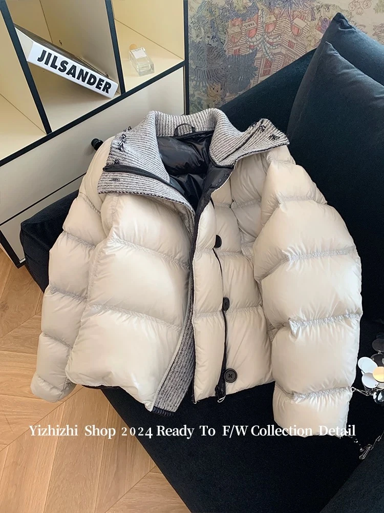 设计感针织拼接立领短款棉服女2024冬新款小个子气质保暖棉衣外套