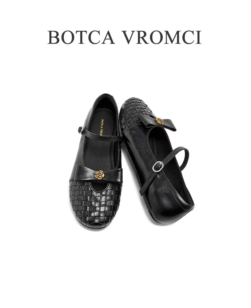 BOTCAVROMCI法式真皮蝴蝶结编织山茶花款夏天穿裙子专用鞋子