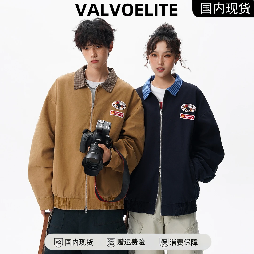 美式复古刺绣休闲两面穿外套情侣款秋冬夹美式复古工装防风夹克