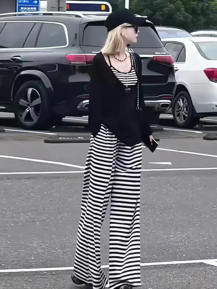 「小吴家」秋新款宽松长袖防晒罩衫+条纹吊带背心+显瘦阔腿裤休闲