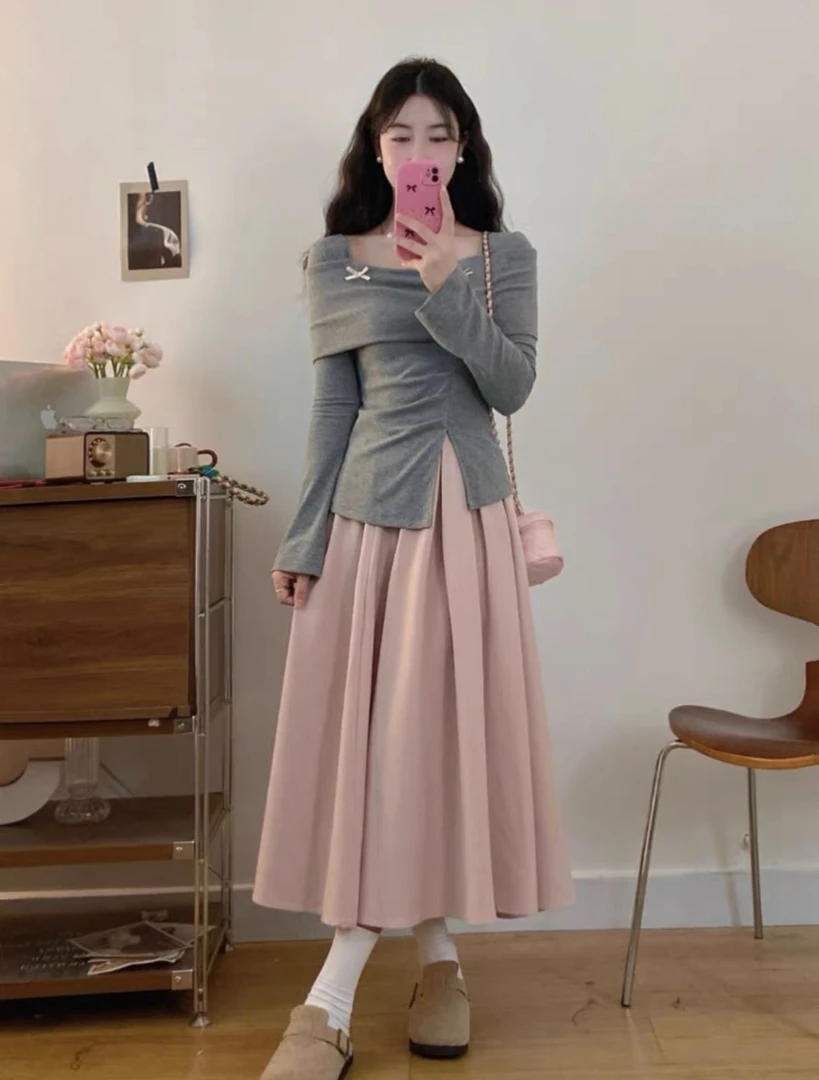 温柔甜美蝴蝶结开叉长袖t恤氛围感穿搭上衣半身裙两件套-6288-1