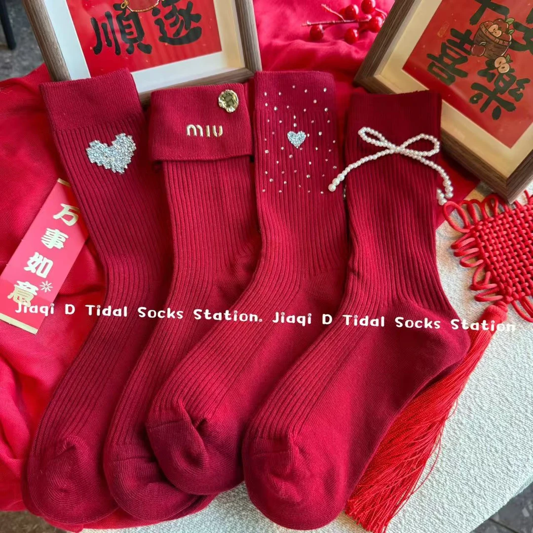 新年红袜子女中筒袜甜美风烫钻保暖韩版公主风春季简约风常规