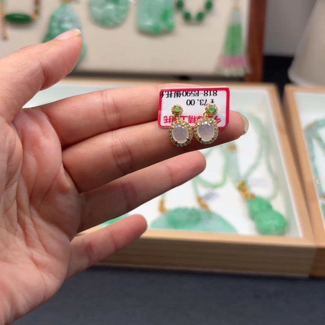 翡翠银S925镀金镶嵌耳饰