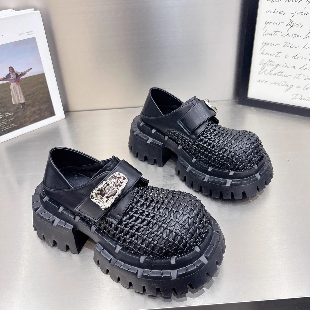 欧货2025夏新款网面镂空透气魔术贴圆头松糕厚底休闲乐福鞋女鞋婷