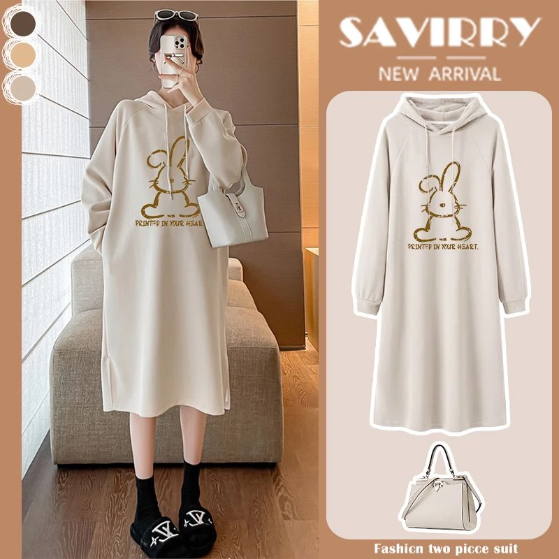 孕妇连帽卫衣裙宽松休闲洋气减龄百搭春季过膝连衣裙显瘦辣妈款