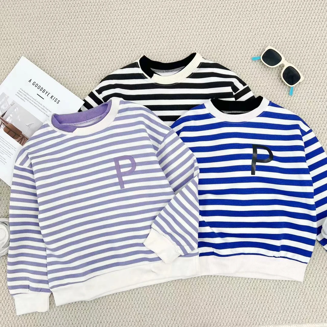 2025春季新款韩系简约儿童百搭条纹T恤衫(领口颜色不挑)A4558