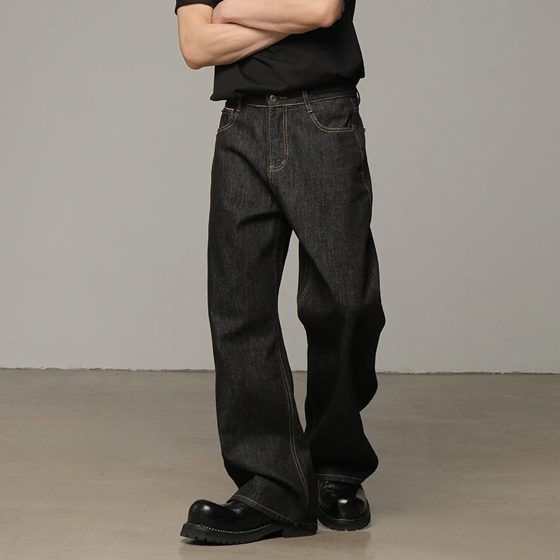 美式复古原牛赤耳牛仔裤男黑色宽松直筒A字阔腿长裤2025夏季新款