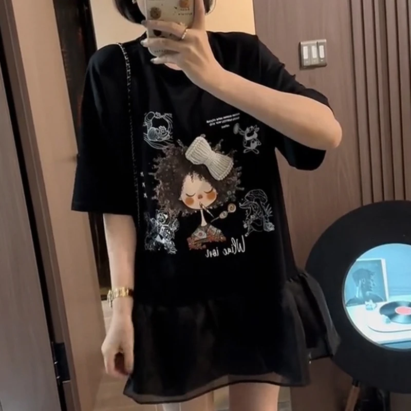 美式潮卡通印花减龄短袖T恤女夏2025新款爆款拼接休闲气质上衣