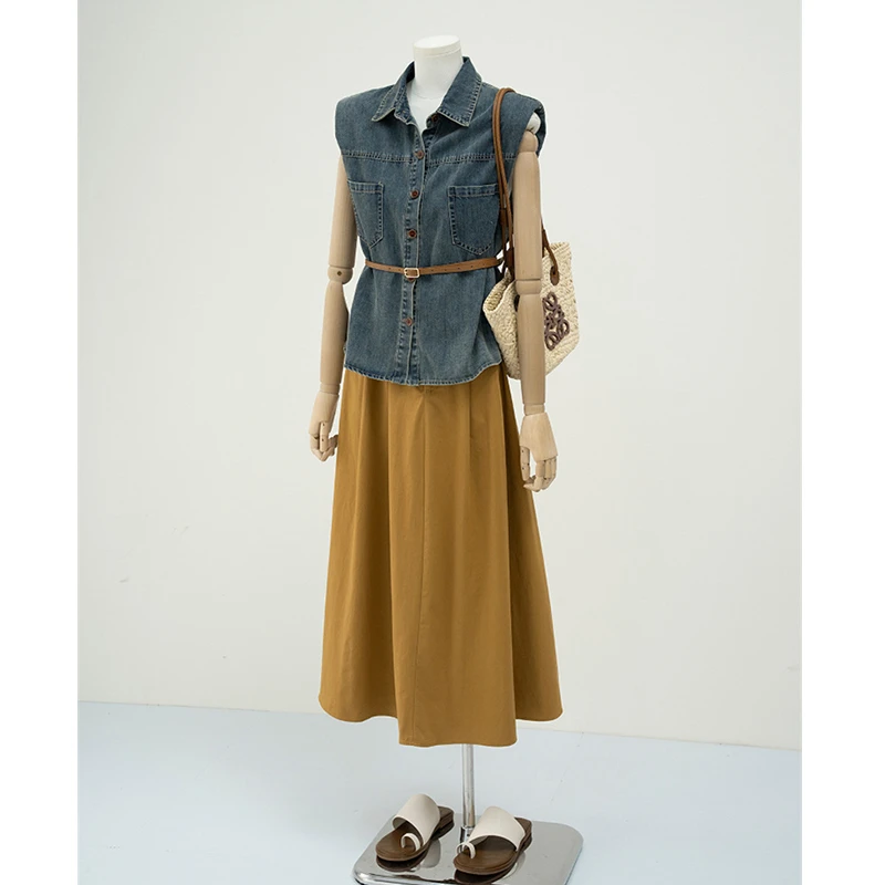 2025夏季新款韩版polo领双口袋单排扣无袖马甲收腰复古薄牛仔上衣