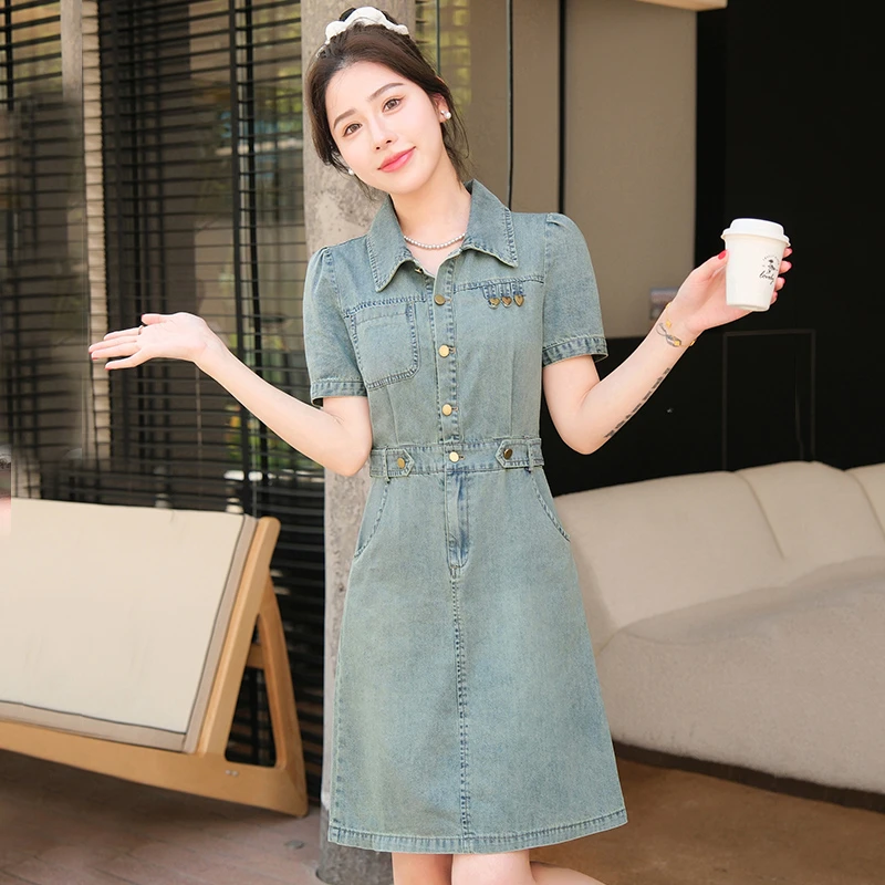 拉夏贝尔牛仔连衣裙女2025夏季新款收腰显瘦洋气减龄短袖牛仔裙子