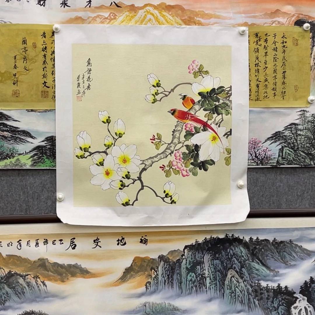 国画斗方玉兰花绶带鸟国画花鸟已拖底