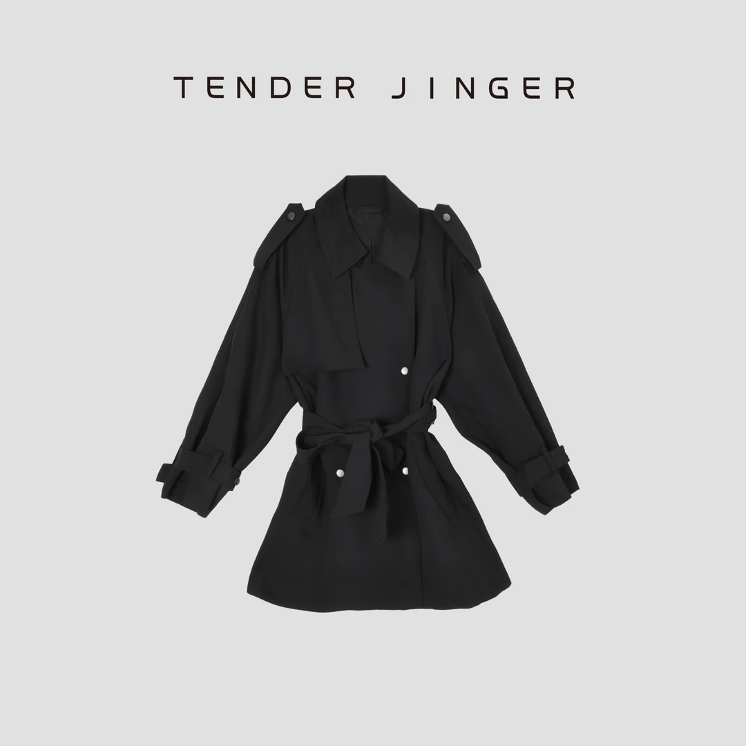 Tender Jinger经典黑色英伦休闲风衣T53HMD41434