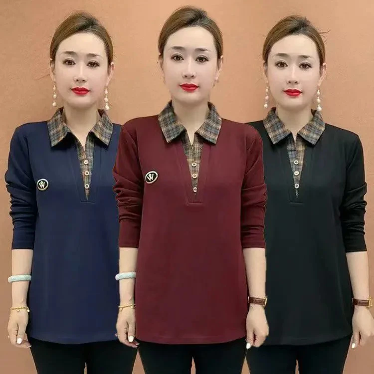 【原版正品】秋季时尚妈妈装翻领假两件宽松显瘦长袖卫衣