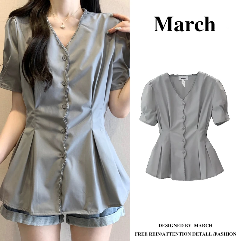 大码法式气质短袖T恤衬衫女2025夏季新款胖mm显瘦泡泡袖上衣-0105