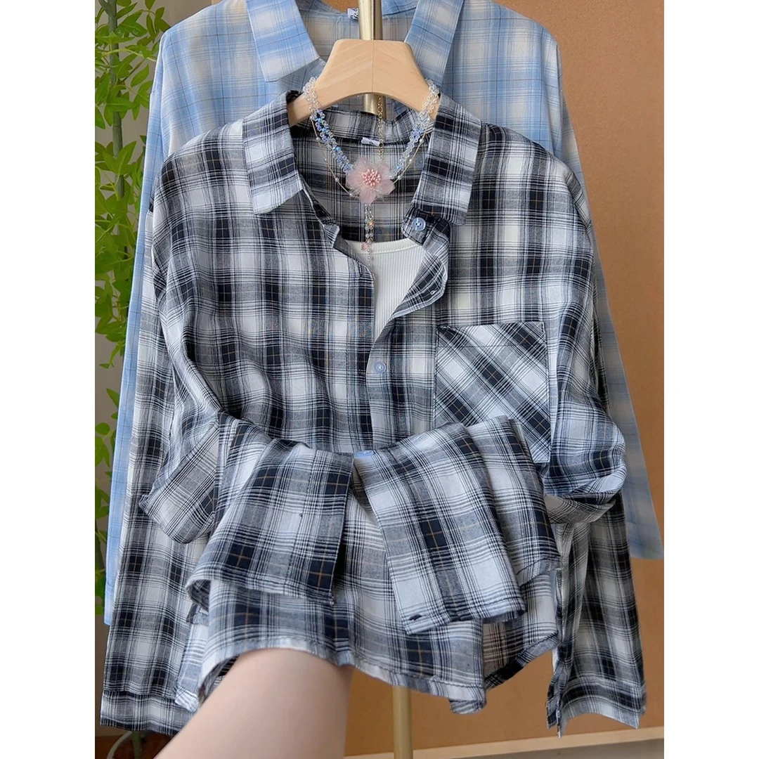 十三行韩系慵懒风休闲格子衬衫女夏季装长袖防晒衬衣