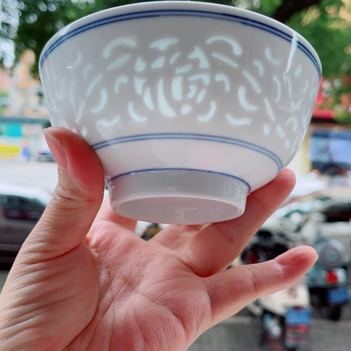 青花玲珑5寸饭碗满雕双福双线