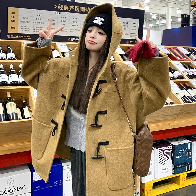 黄色牛角扣双面羊毛大衣女2025冬高级感小个子学院风连帽呢子外套