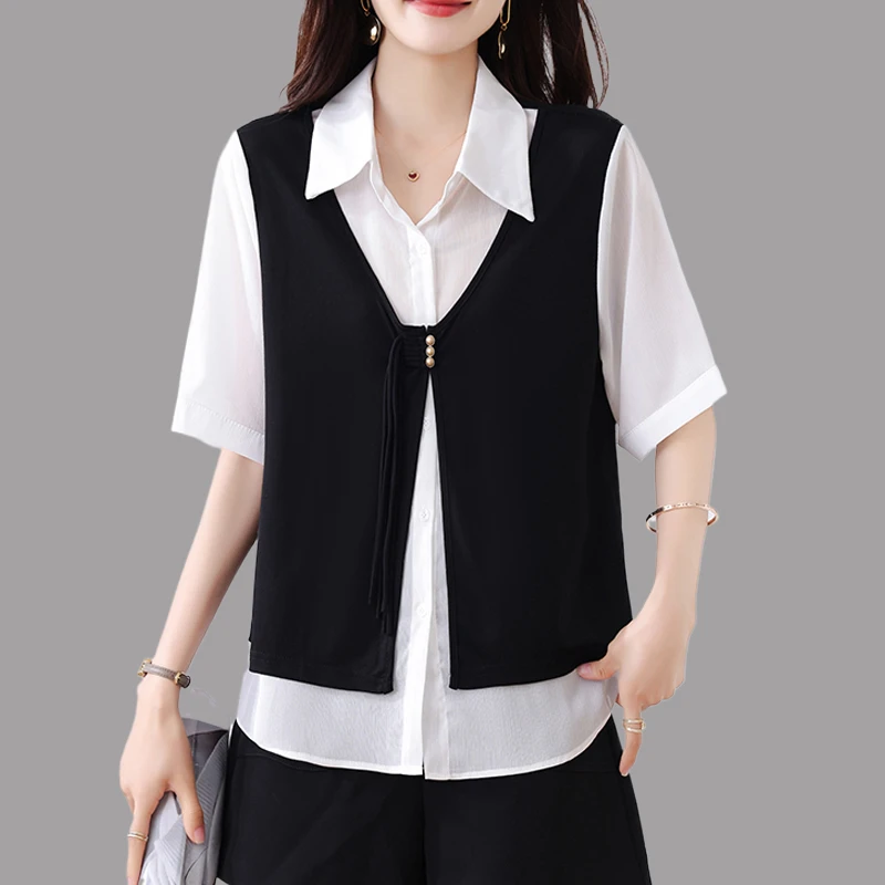 2025夏季新款假两件拼接马甲短袖衬衫女大码遮肚显瘦气质上衣
