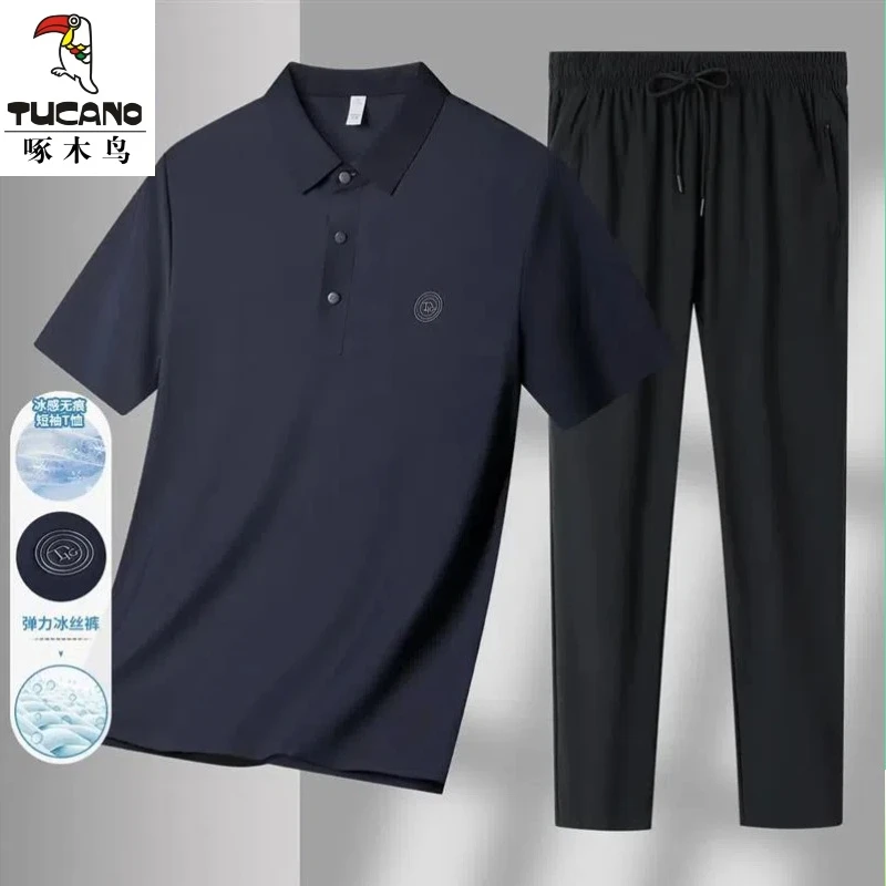 啄木鸟高档冰丝爸爸夏季套装2025夏季新款速干薄款POLO衫两件套男