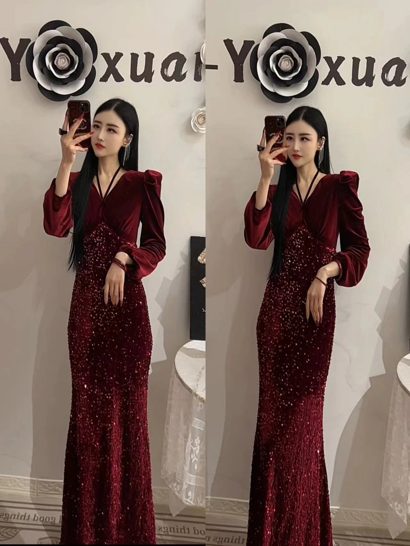 2025法式高级感亮片连衣裙女春新款气质收腰显瘦中长款包臀鱼尾裙