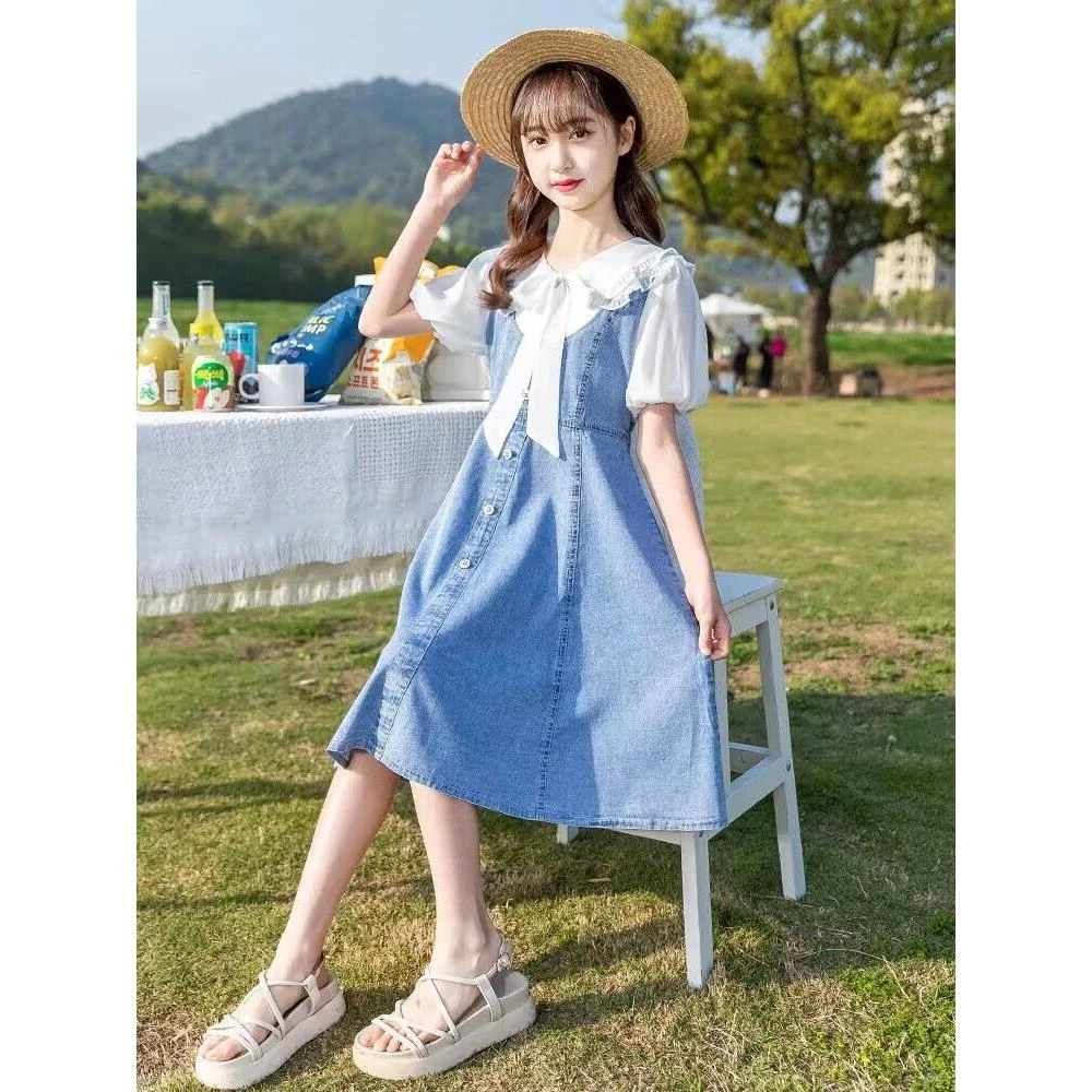 女童连衣裙夏装2025新款大童夏季休闲洋气娃娃领短袖牛仔公主裙子