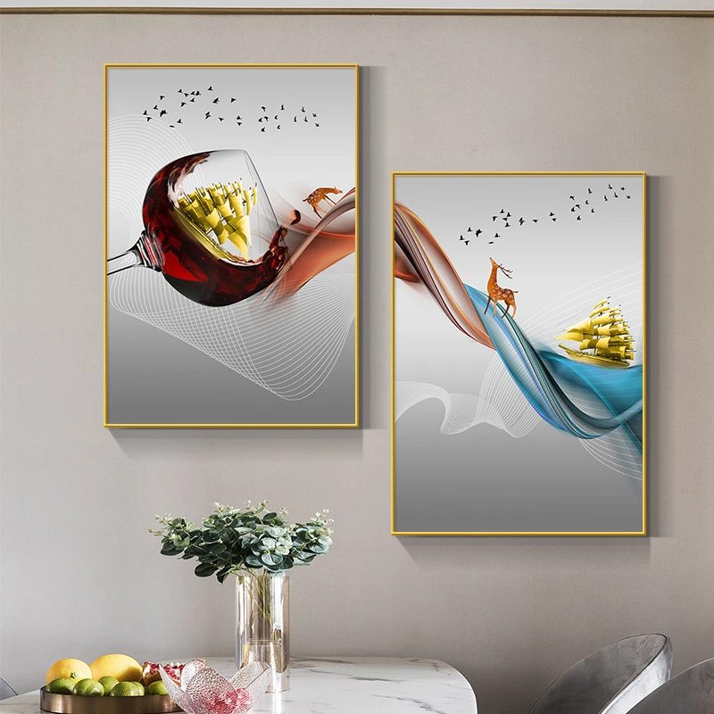 现代简约风酒杯饭厅装饰画餐桌歺厅墙面挂画抽象大气两联餐厅壁画