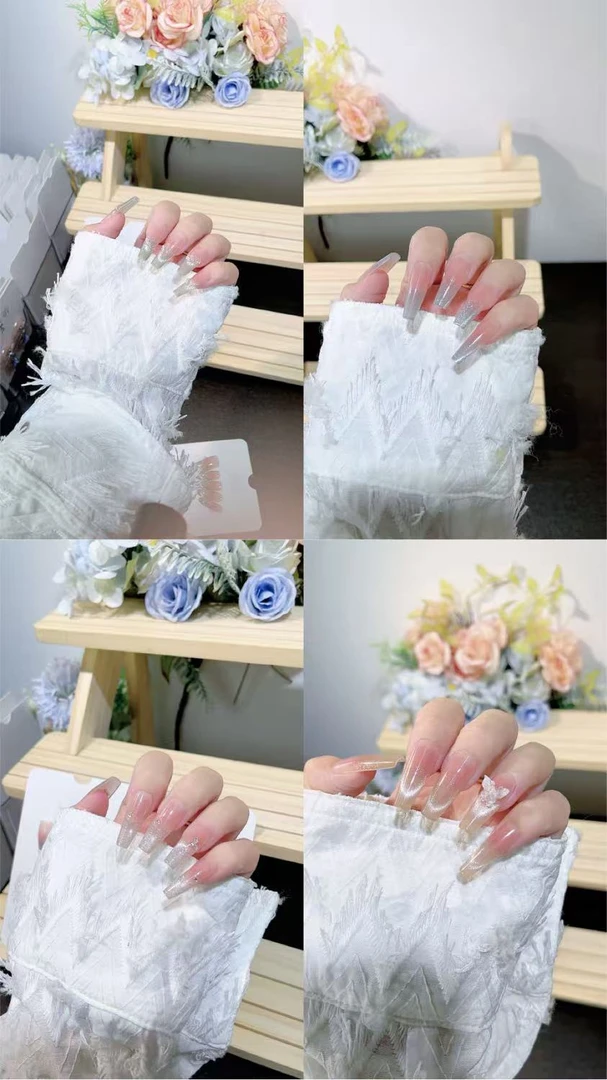 纯手工中长款冰透猫眼裸色高级感穿戴美甲贴气质经典