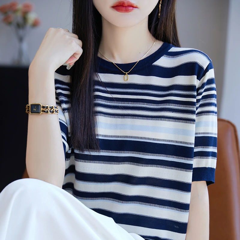 品牌2025夏季新款时尚圆领针织衫女条纹短袖Tt恤宽松百搭上衣薄款