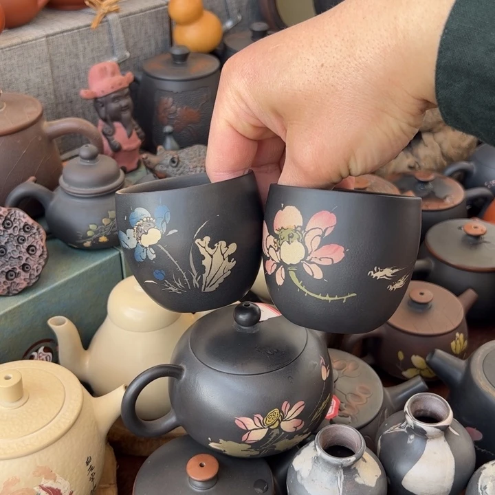 建水紫陶荷花微瑕壶➕主人杯2个
