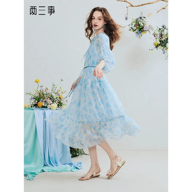 两三事叠影游丝 灯笼袖浪漫两件套连衣裙S25XLY232