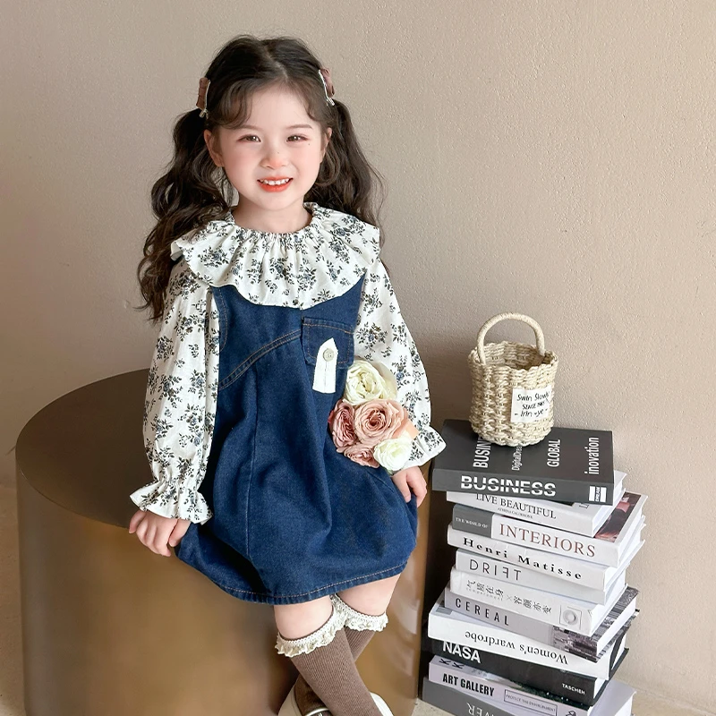 女童套装春秋2025新款儿童洋气时髦春季衬衫宝宝牛仔背带裙两件套